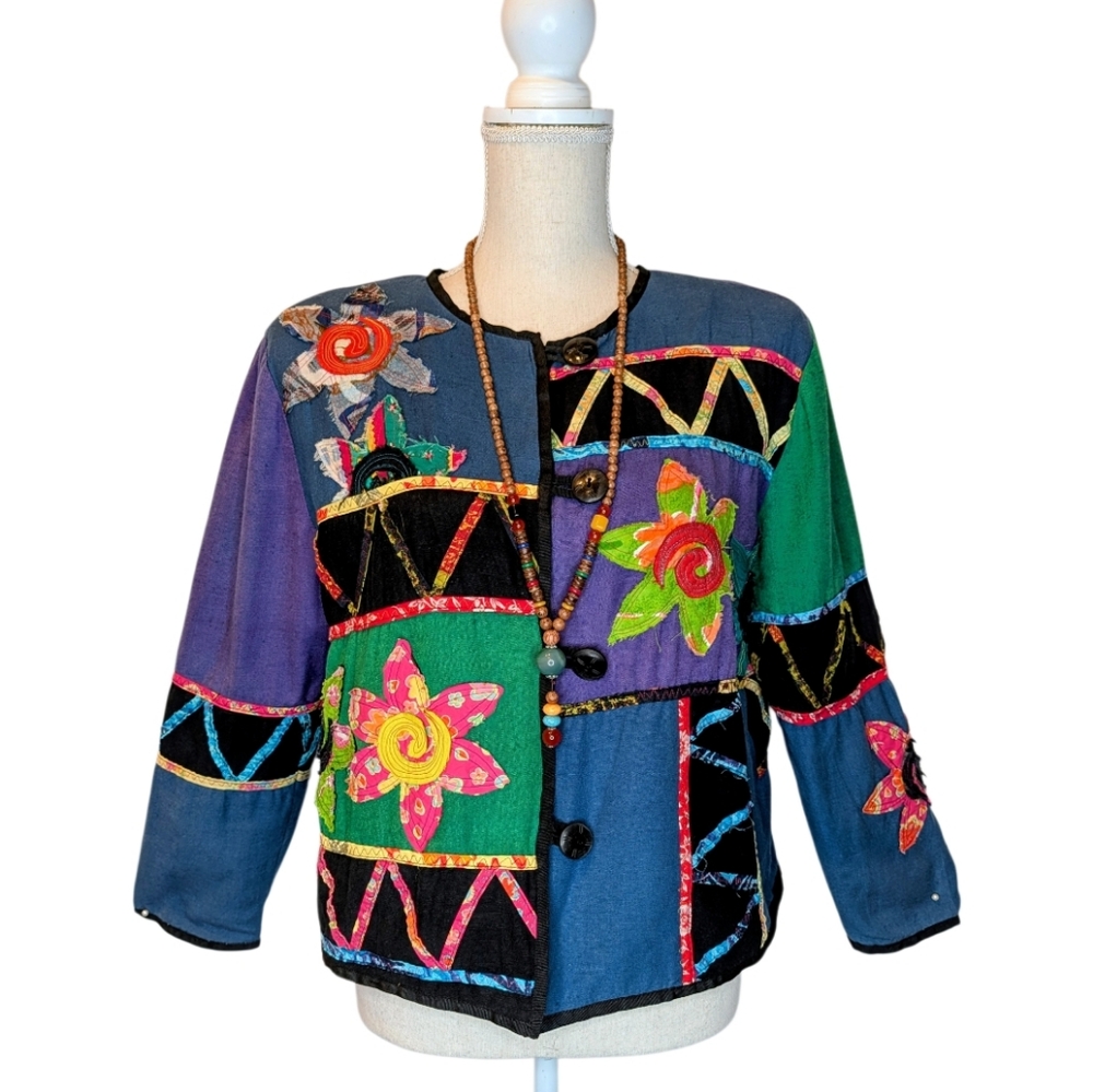 Allure - Women's Vintage Artistic Floral Patchwork Blazer (Small Petite)
